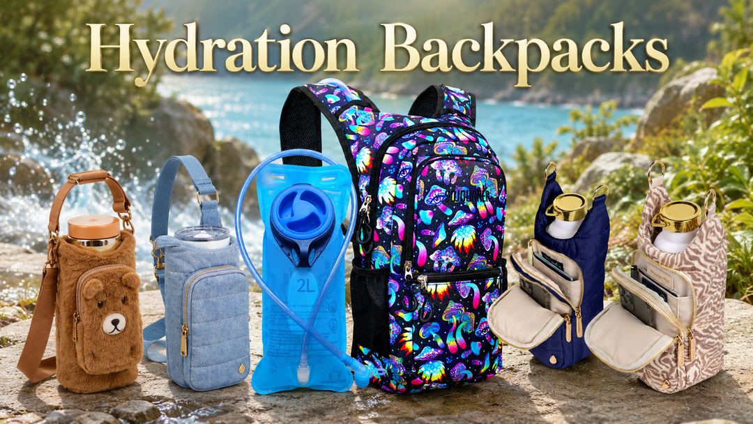 Sea Dragon Dreams navy quilted HydroBag water bottle crossbody carrier with a striped guitar strap and gold hardware.