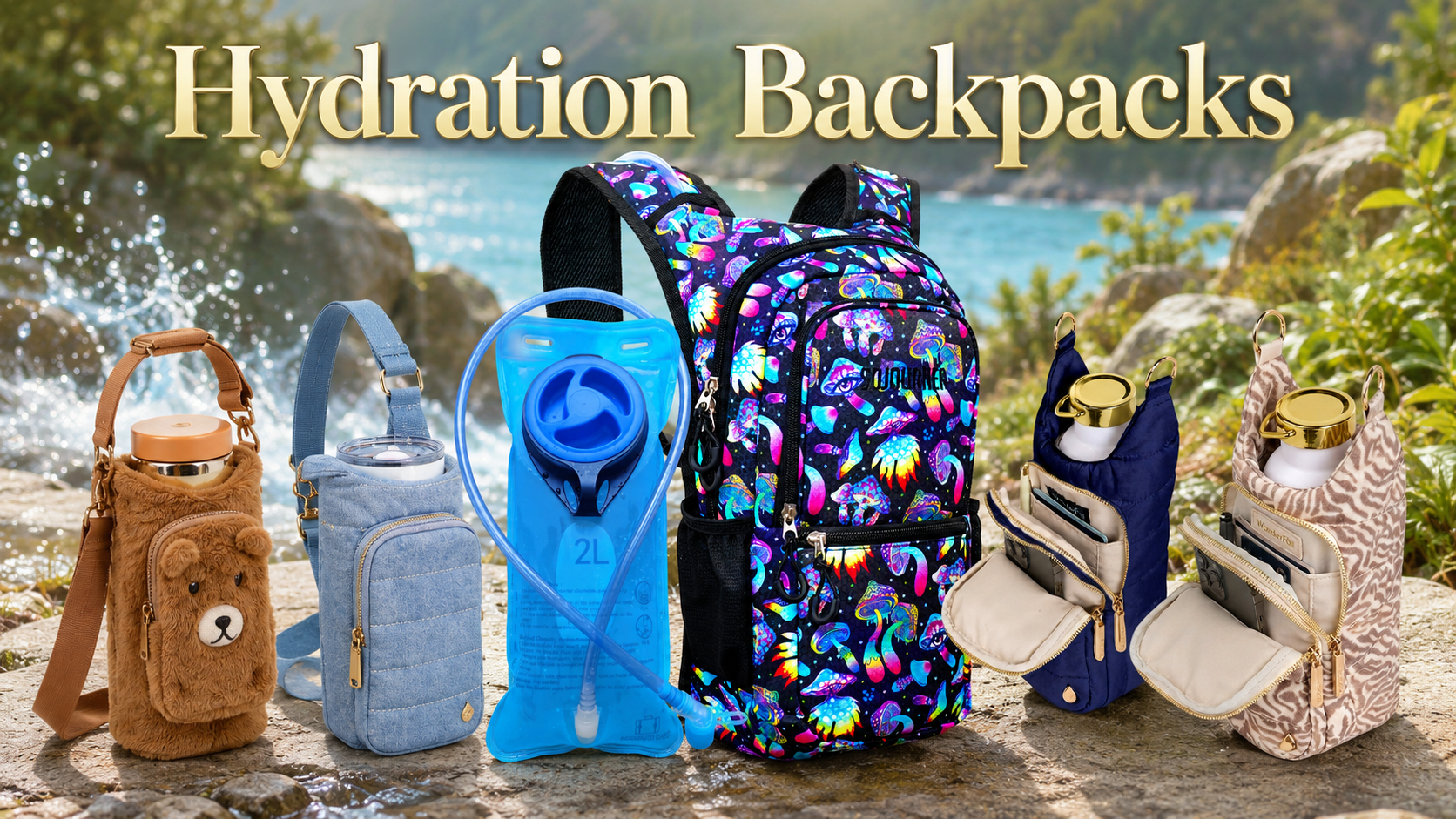 Sea Dragon Dreams navy quilted HydroBag water bottle crossbody carrier with a striped guitar strap and gold hardware.