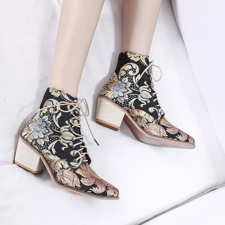 Embroidered Floral Lace-Up Ankle Boots – Vintage Boho Style
