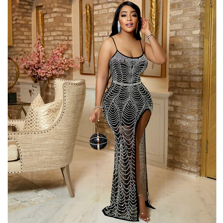 Women’s Rhinestone Asymmetrical Party Dress – Sleeveless Mesh Cocktail Dress