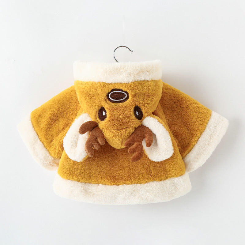 Girls’ Thick Fleece Hooded Cape – Cute Cartoon Winter Poncho