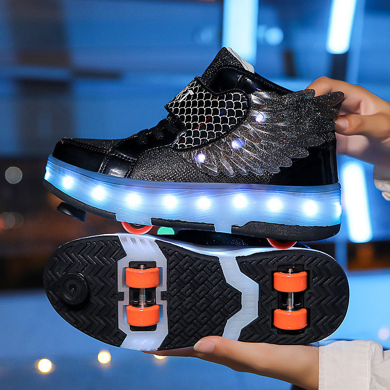 Kids’ Double-Wheel LED Light-Up Roller Skates with Wings