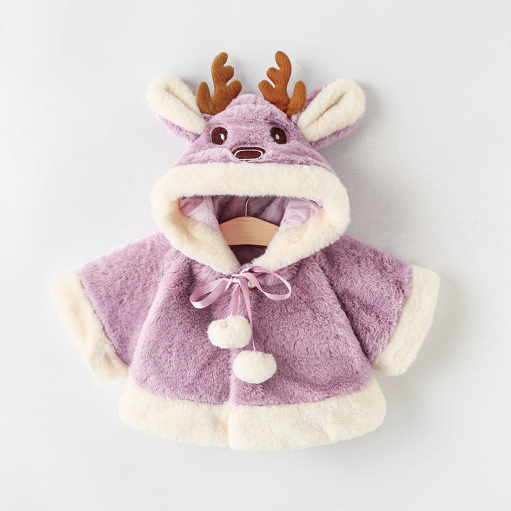 Girls’ Thick Fleece Hooded Cape – Cute Cartoon Winter Poncho