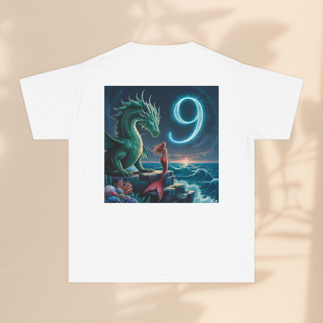 Age 9 Youth Midweight Tee featuring Magical Dragon and Number 9, Kids T-Shirt, Fantasy Apparel, Gift for Young Dreamers, Birthday Celebration Tee