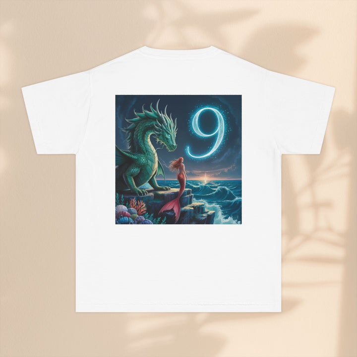 Age 9 Youth Midweight Tee featuring Magical Dragon and Number 9, Kids T-Shirt, Fantasy Apparel, Gift for Young Dreamers, Birthday Celebration Tee