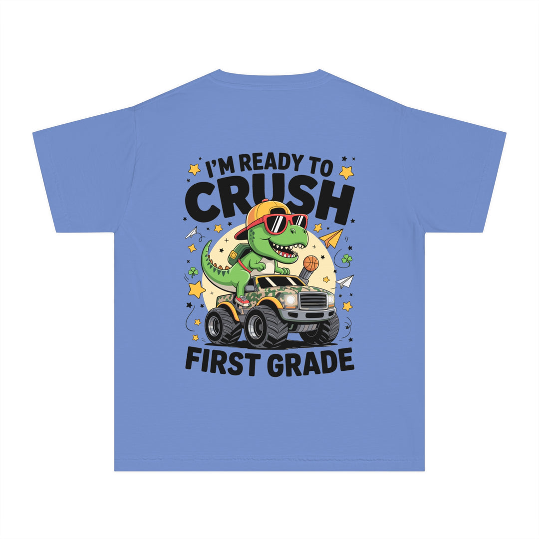 Youth Midweight Tee, Fun Dino T-Shirt, First Grade Shirt, Kids Birthday Gift, Back to School Apparel, Cute Graphic Tee, Dinosaur Print