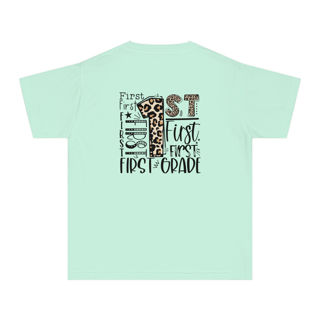 Leopard Print First Grade Youth Tee, Trendy Kids T-Shirt, Back to School Outfit, Gift for First Graders, Fun Learning Apparel
