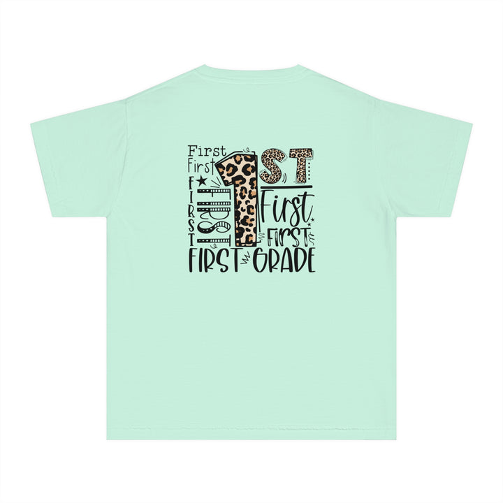 Leopard Print First Grade Youth Tee, Trendy Kids T-Shirt, Back to School Outfit, Gift for First Graders, Fun Learning Apparel