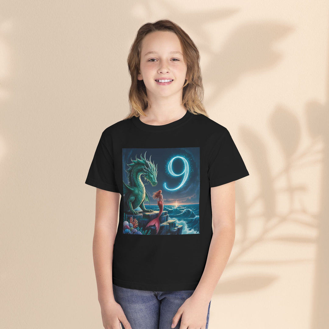 Age 9 Youth Midweight Tee featuring Magical Dragon and Number 9, Kids T-Shirt, Fantasy Apparel, Gift for Young Dreamers, Birthday Celebration Tee