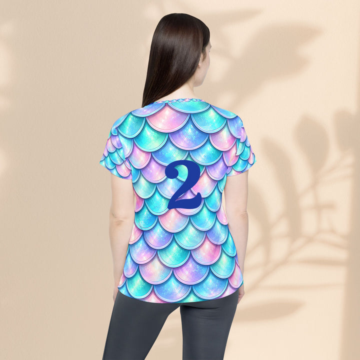 Mermaid Scale Women's Sports Jersey — Pastel Rainbow AOP with Back Number