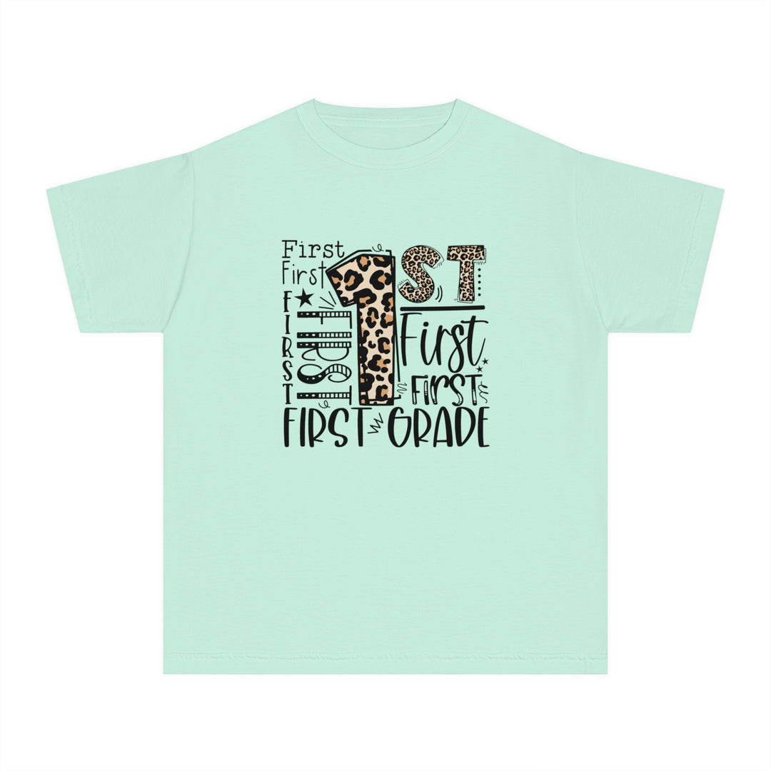 Leopard Print First Grade Youth Tee, Trendy Kids T-Shirt, Back to School Outfit, Gift for First Graders, Fun Learning Apparel