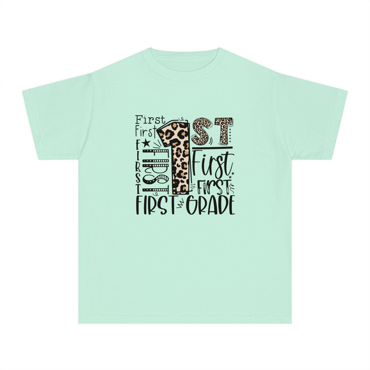 Leopard Print First Grade Youth Tee, Trendy Kids T-Shirt, Back to School Outfit, Gift for First Graders, Fun Learning Apparel