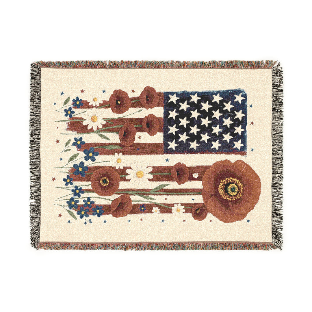 Patriotic Flowers Woven Blanket – Cozy Americana Throw, USA Flag Décor, Independence Day, Memorial Day & Veteran Gift