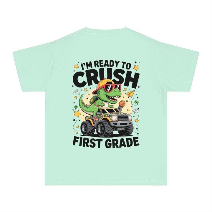 Youth Midweight Tee, Fun Dino T-Shirt, First Grade Shirt, Kids Birthday Gift, Back to School Apparel, Cute Graphic Tee, Dinosaur Print