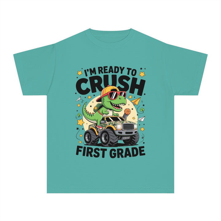 Youth Midweight Tee, Fun Dino T-Shirt, First Grade Shirt, Kids Birthday Gift, Back to School Apparel, Cute Graphic Tee, Dinosaur Print
