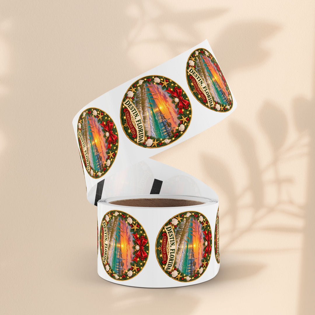 Destin, Florida Christmas Round Sticker Rolls – Holiday Beach Sunset Labels (Pack)