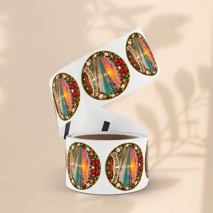 Destin, Florida Christmas Round Sticker Rolls – Holiday Beach Sunset Labels (Pack)
