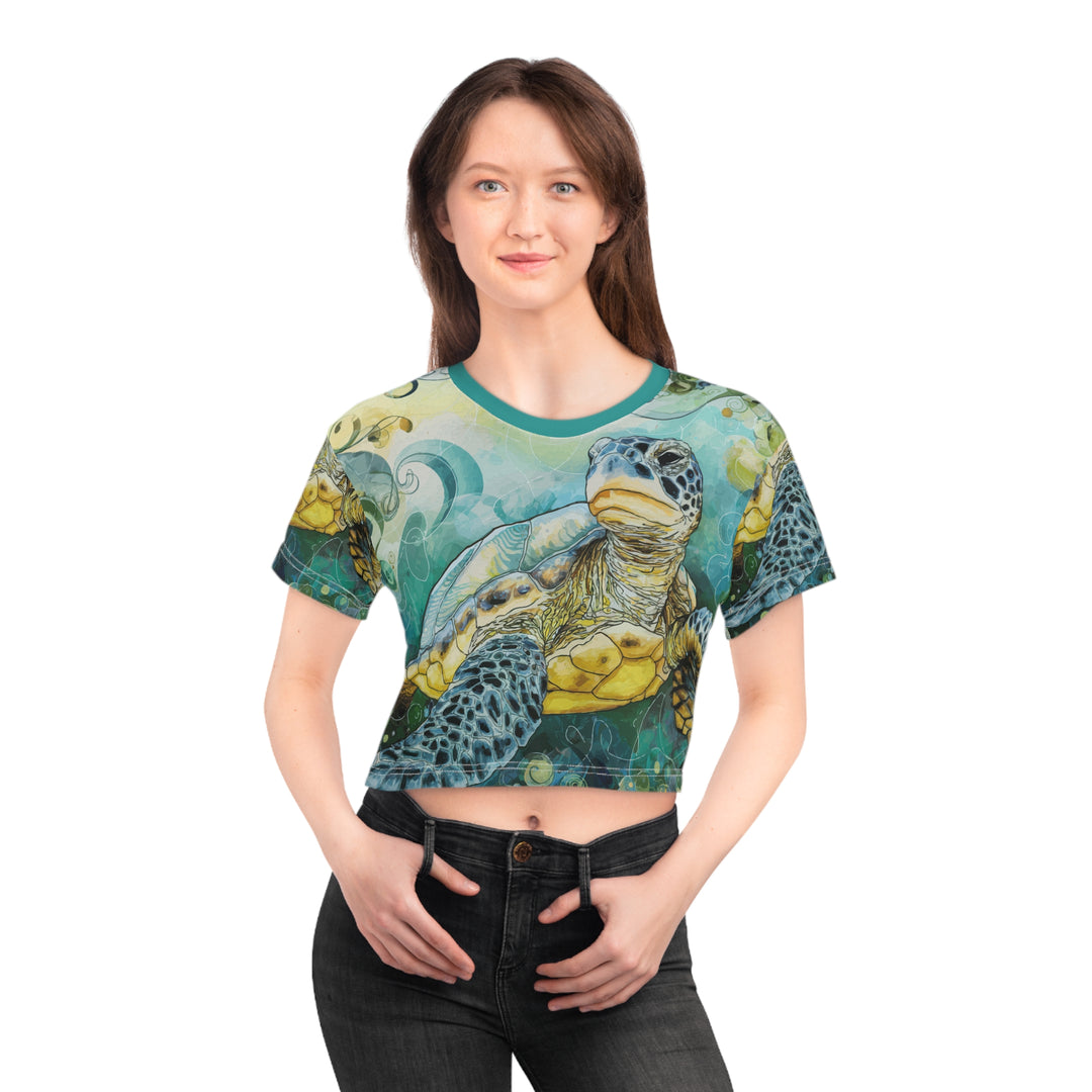 Watercolor Sea Turtle Crop Tee – Artistic Beachwear for Ocean Lovers