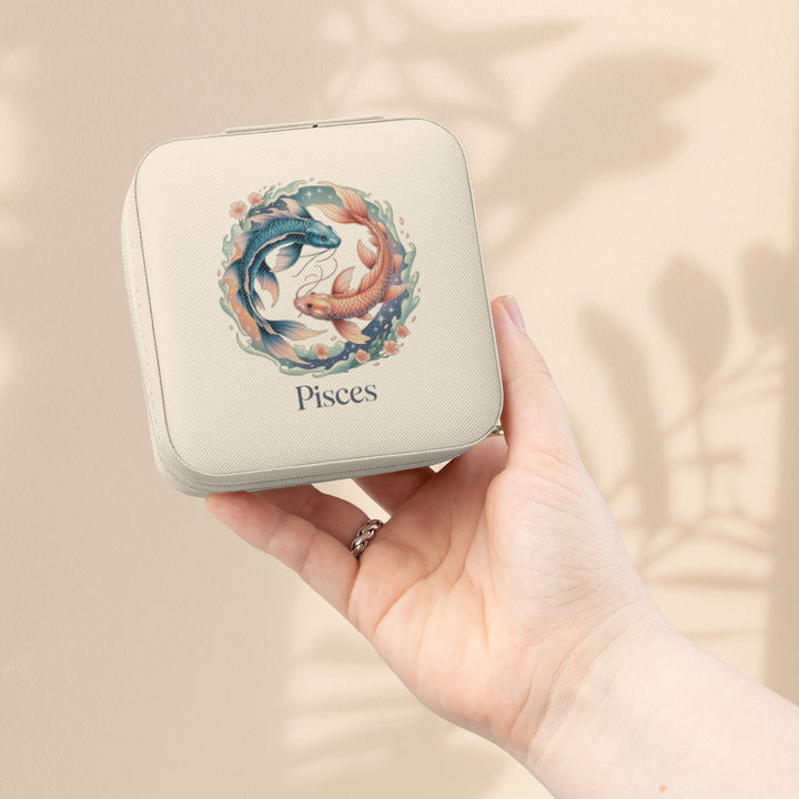 Pisces Zodiac Jewelry Travel Case — Compact Pink Ring & Earring Organizer
