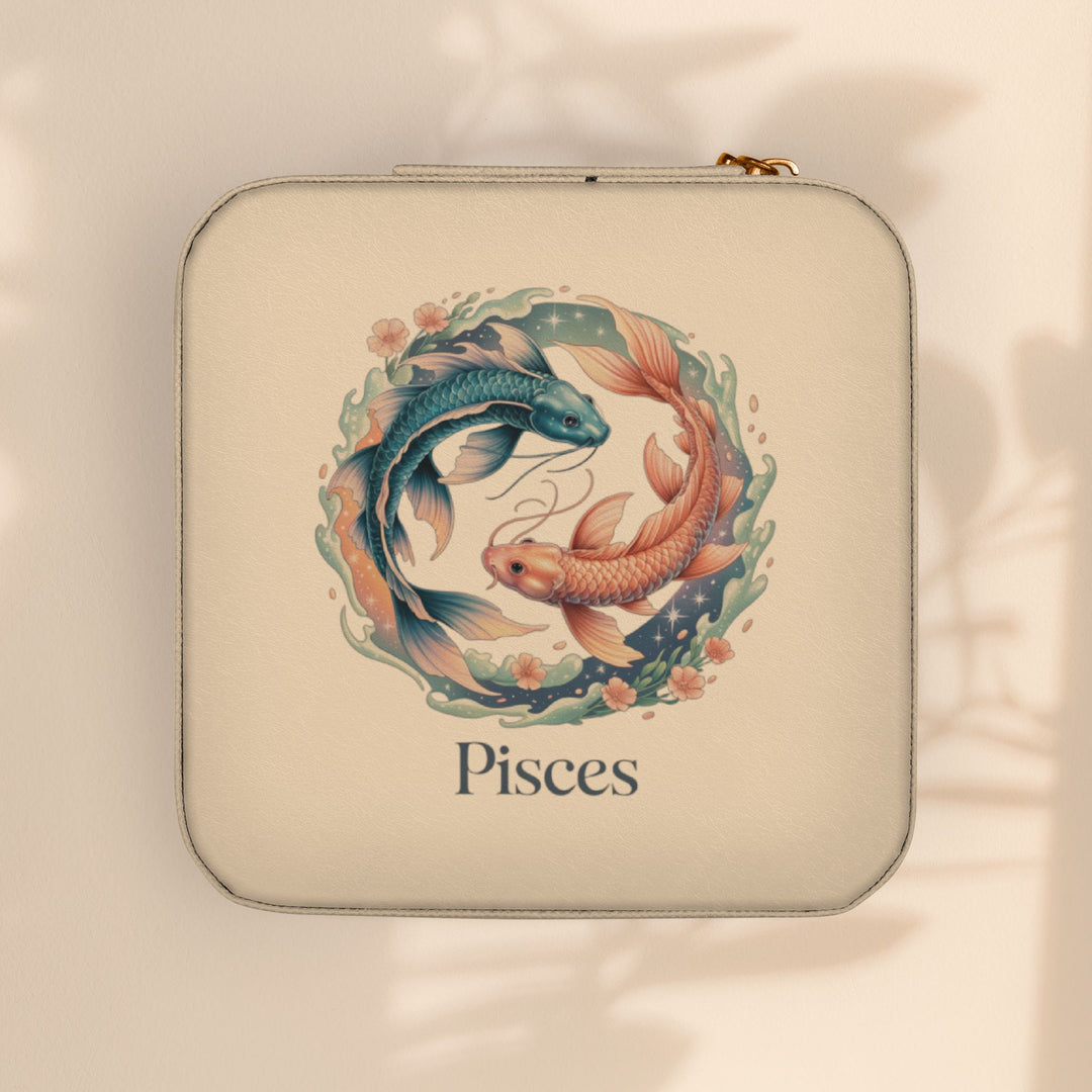 Pisces Zodiac Jewelry Travel Case — Compact Pink Ring & Earring Organizer
