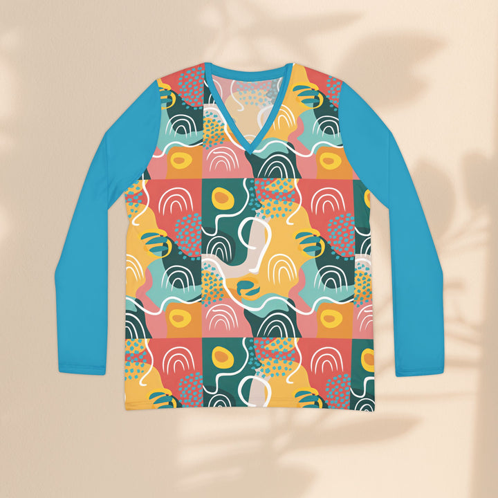 Abstract Rainbow Patchwork V-Neck Long Sleeve Shirt