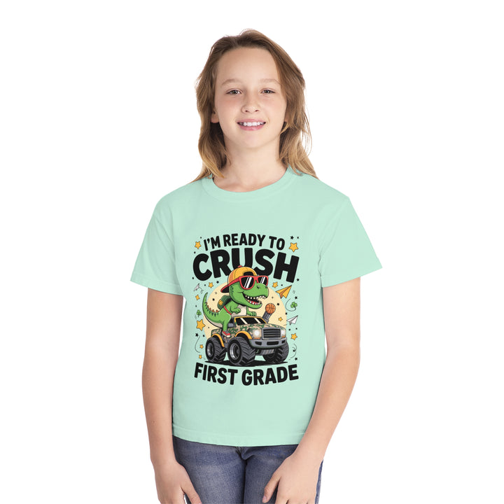Youth Midweight Tee, Fun Dino T-Shirt, First Grade Shirt, Kids Birthday Gift, Back to School Apparel, Cute Graphic Tee, Dinosaur Print