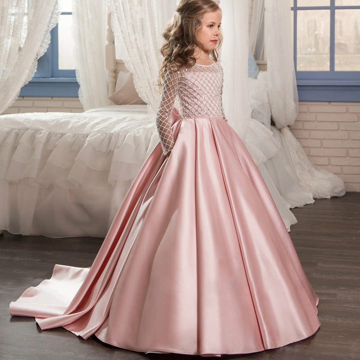 Girls’ Mesh Long-Sleeve Princess Dress with Elegant Train