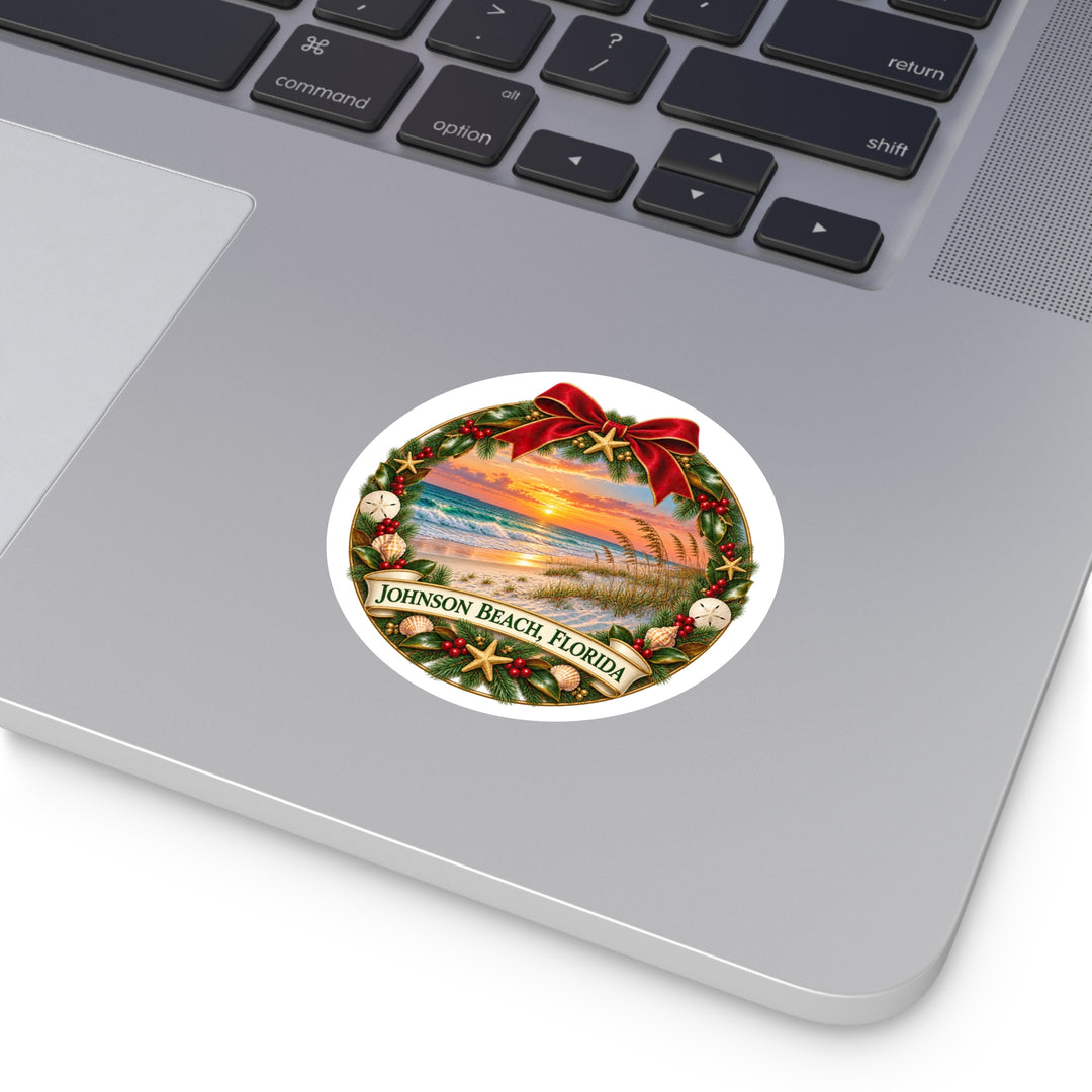 Johnson Beach Florida Christmas Sticker – Holiday Wreath Sunset