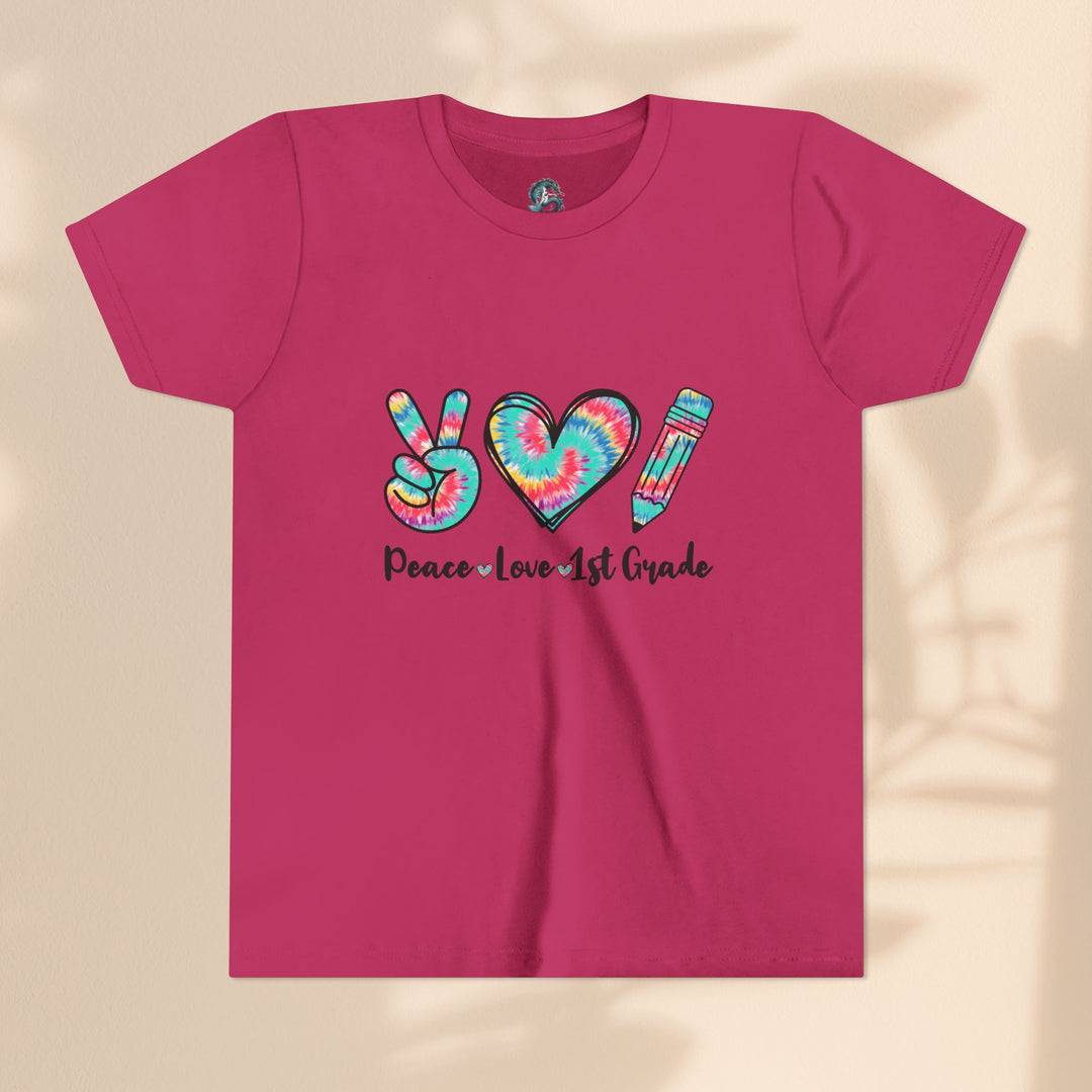 Peace Love 1st Grade Youth Tee, Tie-Dye Kids Shirt, Back to School Outfit, Child's Birthday Gift, Teacher Appreciation Gift
