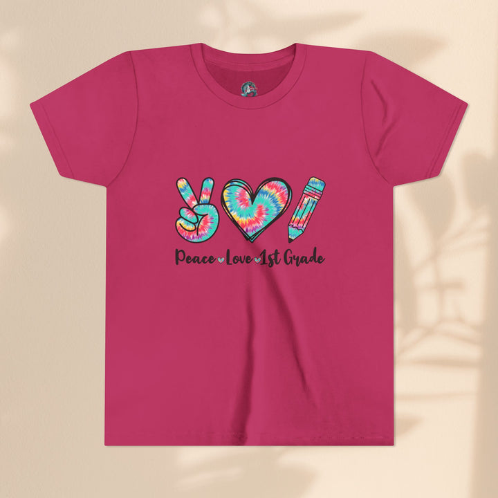 Peace Love 1st Grade Youth Tee, Tie-Dye Kids Shirt, Back to School Outfit, Child's Birthday Gift, Teacher Appreciation Gift