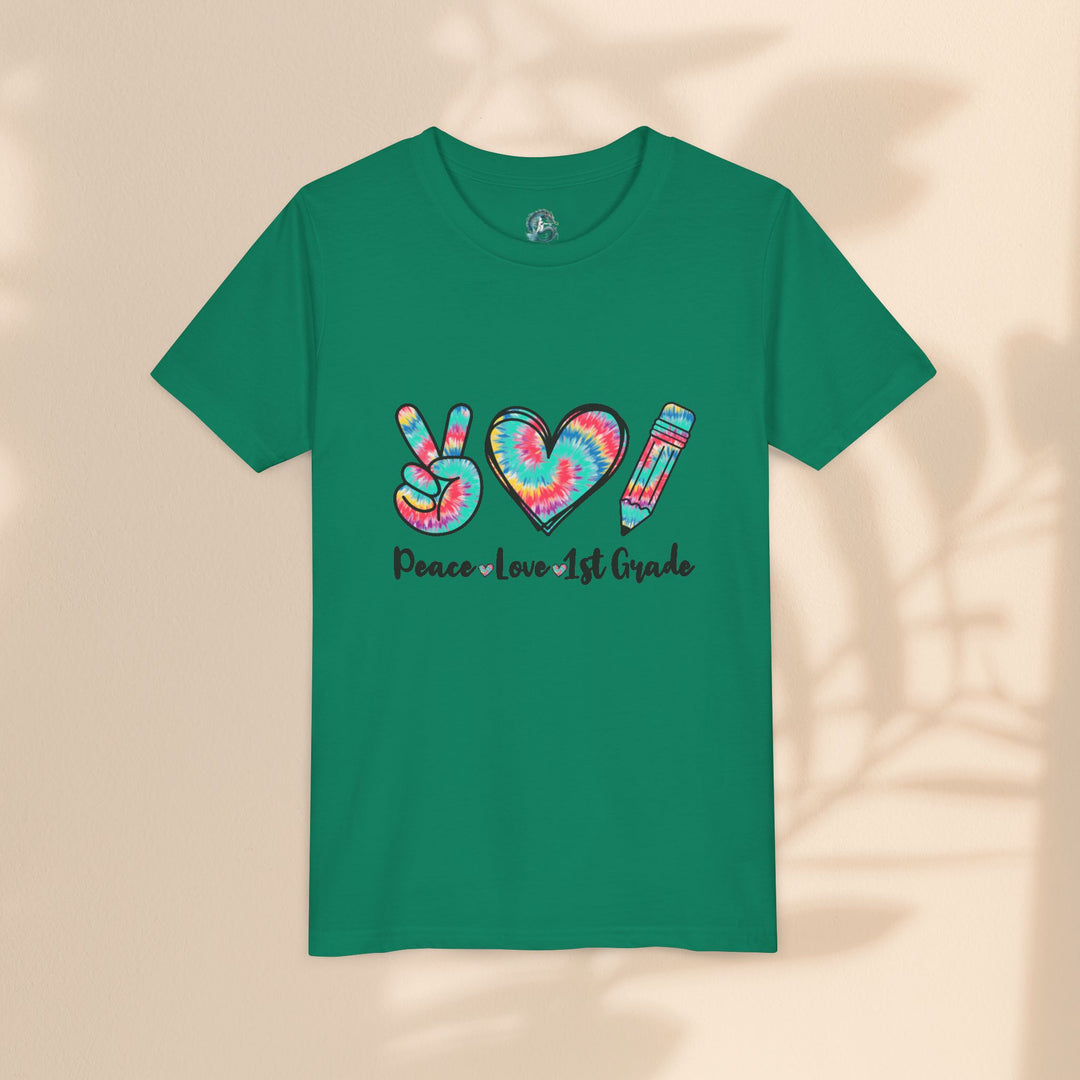 Peace Love 1st Grade Youth Tee, Tie-Dye Kids Shirt, Back to School Outfit, Child's Birthday Gift, Teacher Appreciation Gift