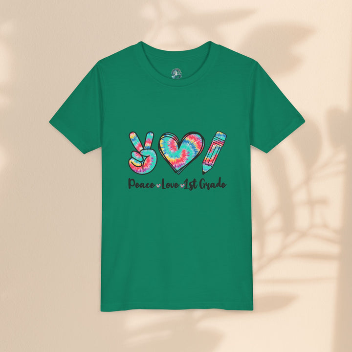 Peace Love 1st Grade Youth Tee, Tie-Dye Kids Shirt, Back to School Outfit, Child's Birthday Gift, Teacher Appreciation Gift