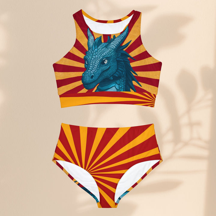 Sporty Two-Piece Swim Suit Set - Red Yellow Dragon