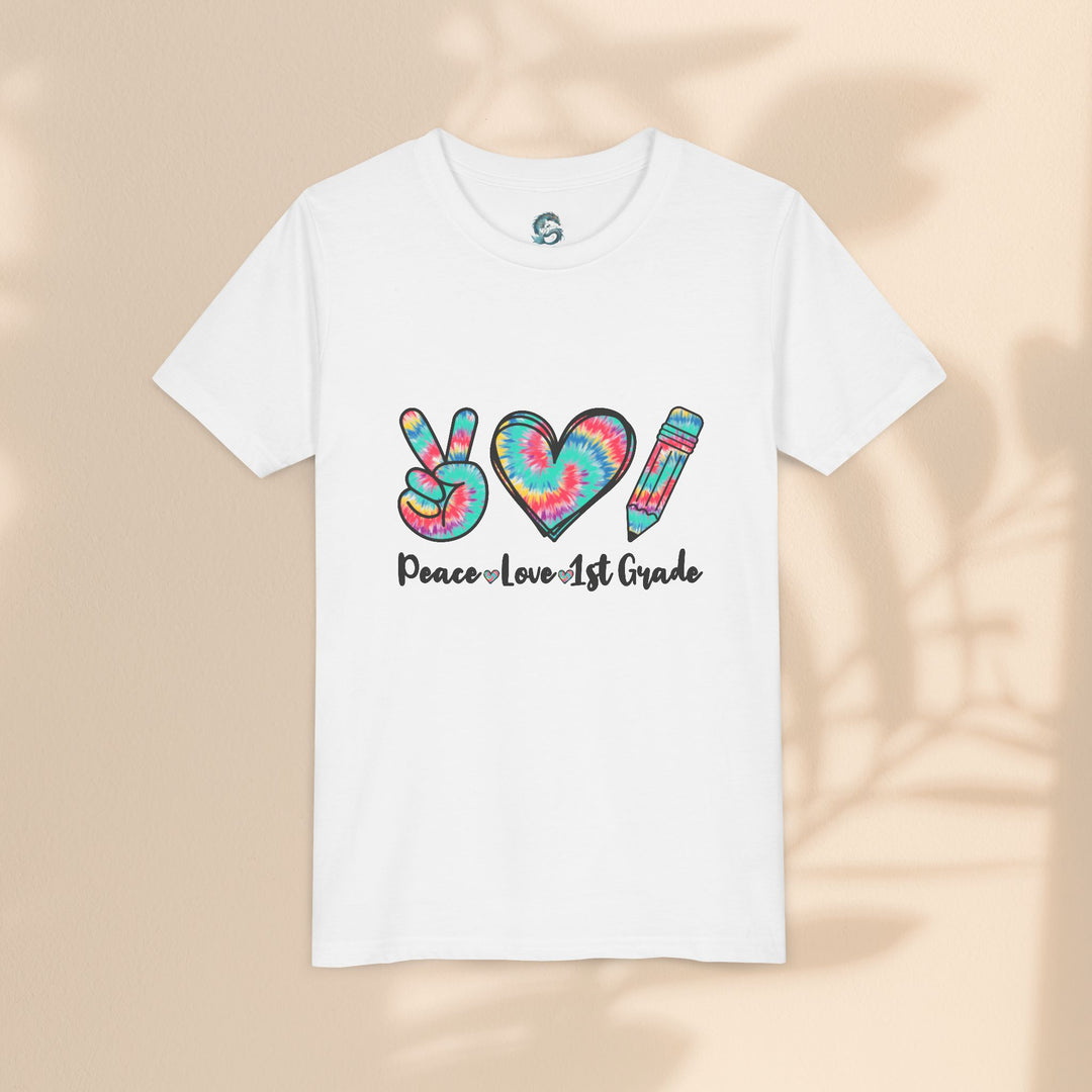 Peace Love 1st Grade Youth Tee, Tie-Dye Kids Shirt, Back to School Outfit, Child's Birthday Gift, Teacher Appreciation Gift