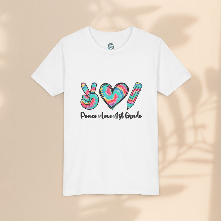 Peace Love 1st Grade Youth Tee, Tie-Dye Kids Shirt, Back to School Outfit, Child's Birthday Gift, Teacher Appreciation Gift