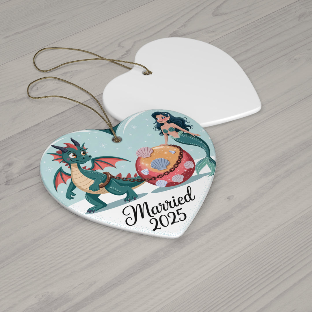 Mermaid & Dragon Married 2025 Ceramic Ornament – Fantasy Couple Christmas Keepsake