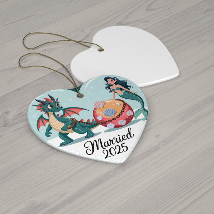Mermaid & Dragon Married 2025 Ceramic Ornament – Fantasy Couple Christmas Keepsake