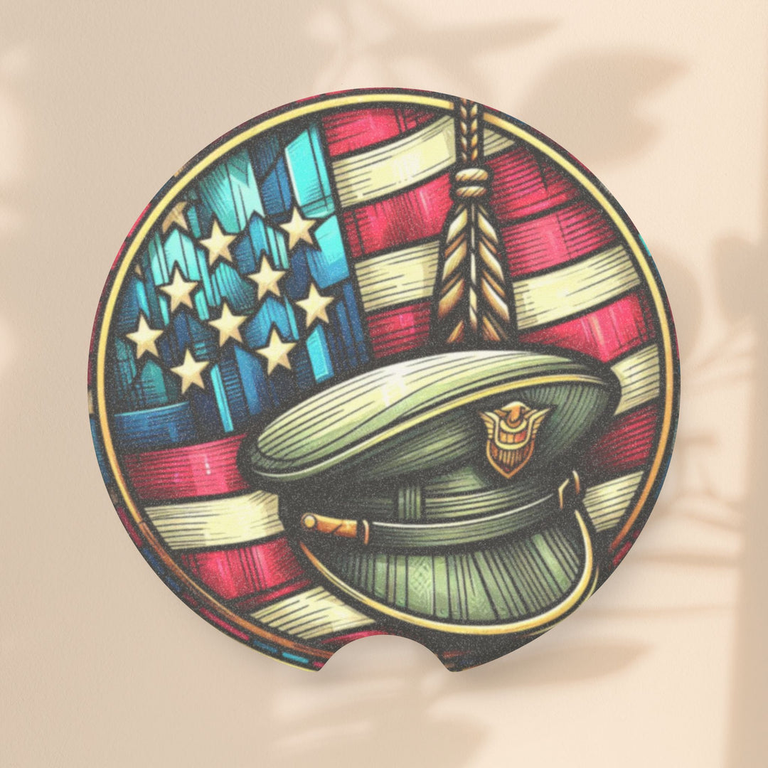 Patriotic Soapstone Car Coaster - USA Flag & Military Hat Design for Veterans and Car Enthusiasts