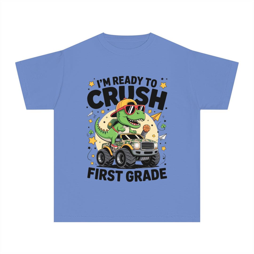 Youth Midweight Tee, Fun Dino T-Shirt, First Grade Shirt, Kids Birthday Gift, Back to School Apparel, Cute Graphic Tee, Dinosaur Print