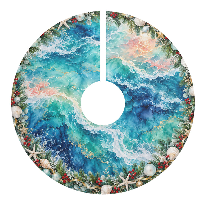 Coastal Christmas Tree Skirt with Ocean Waves, Seashells & Holiday Ornaments