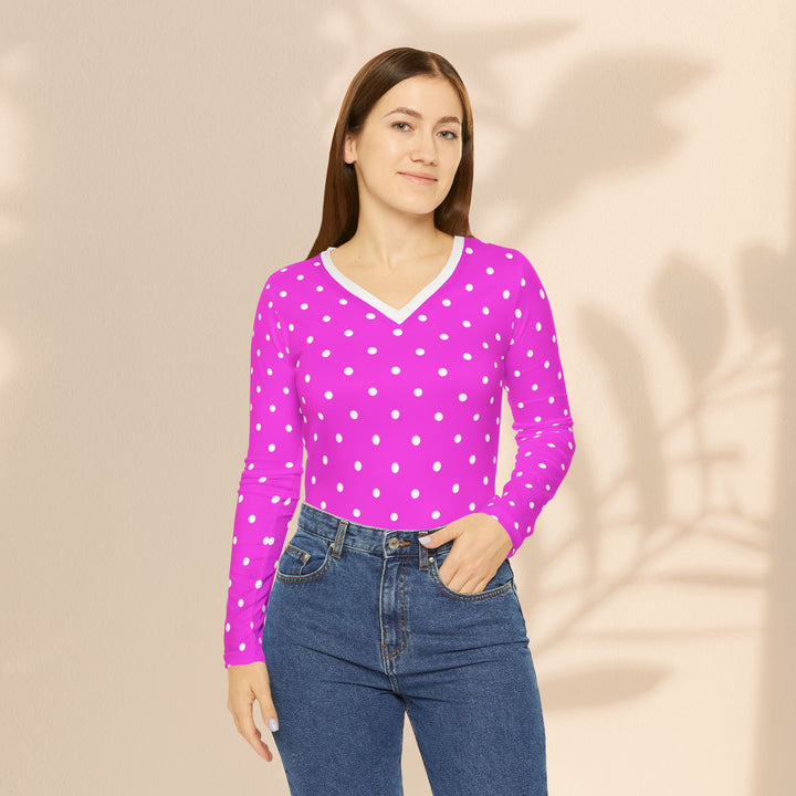 Polka Dot V-Neck Long Sleeve Shirt — Pink All-Over Print