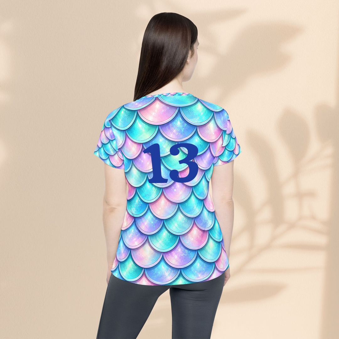 Mermaid Scale Women's Sports Jersey — Personalized Number Athletic Tee (AOP)