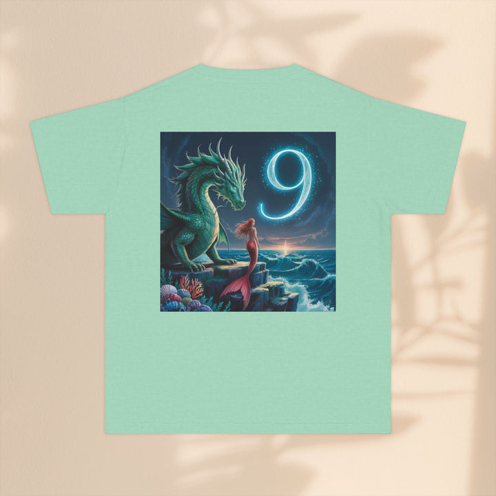 Age 9 Youth Midweight Tee featuring Magical Dragon and Number 9, Kids T-Shirt, Fantasy Apparel, Gift for Young Dreamers, Birthday Celebration Tee