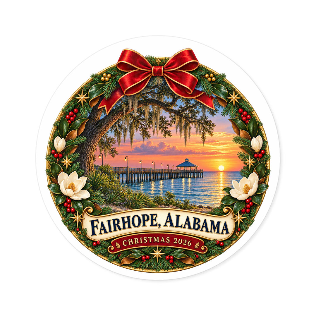 Fairhope Alabama Christmas Wreath Sticker – Holiday Bay Sunset