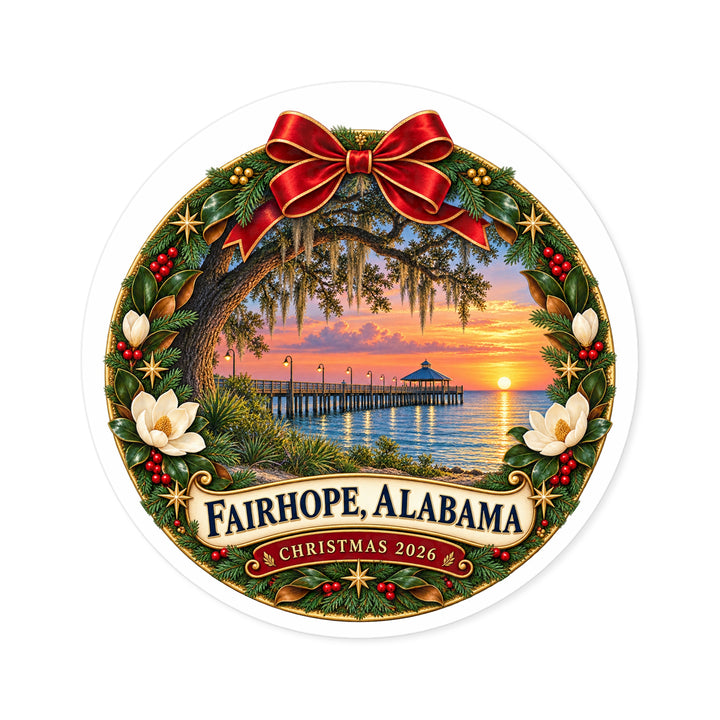 Fairhope Alabama Christmas Wreath Sticker – Holiday Bay Sunset