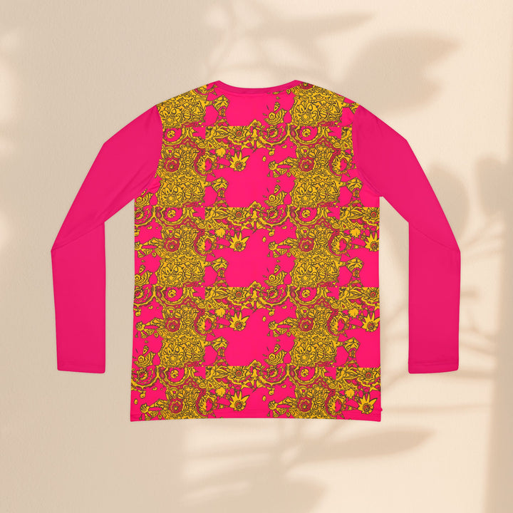Women's Long Sleeve V-Neck Shirt — Bold Hot Pink & Gold Baroque Floral All-Over Print