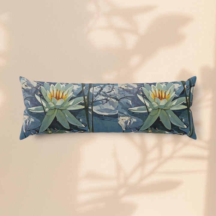 Lotus Watercolor Body Pillow — Serene Blue Floral Lumbar Support