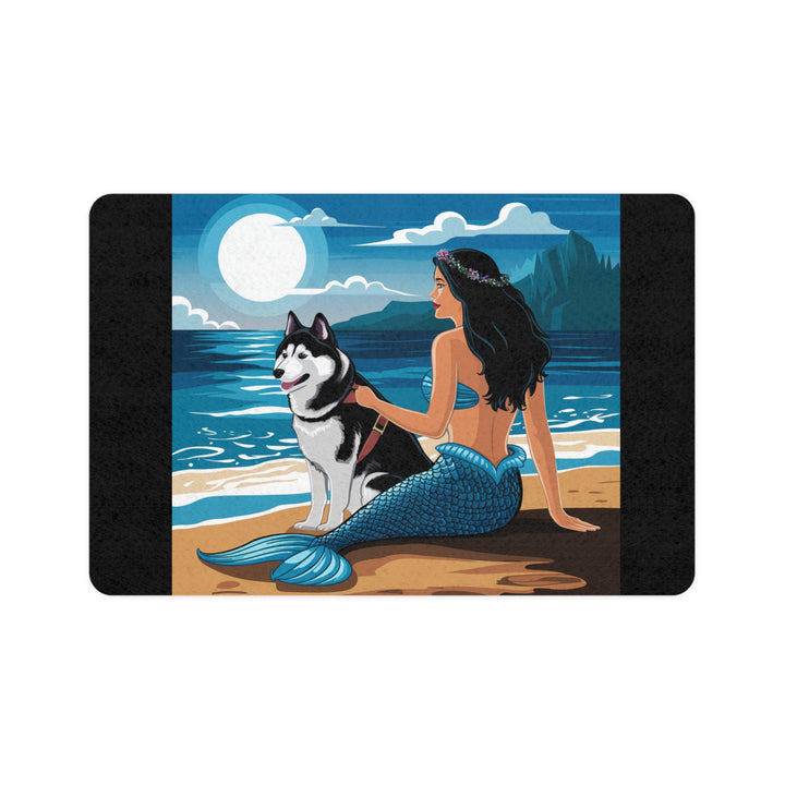 Pet Food Mat (12x18) - Siberian Husky with Mermaid