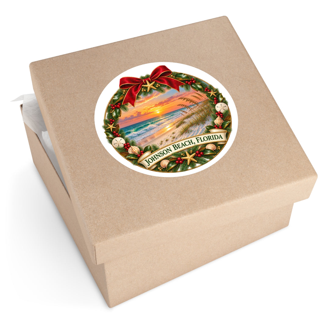 Johnson Beach Florida Christmas Sticker – Holiday Wreath Sunset