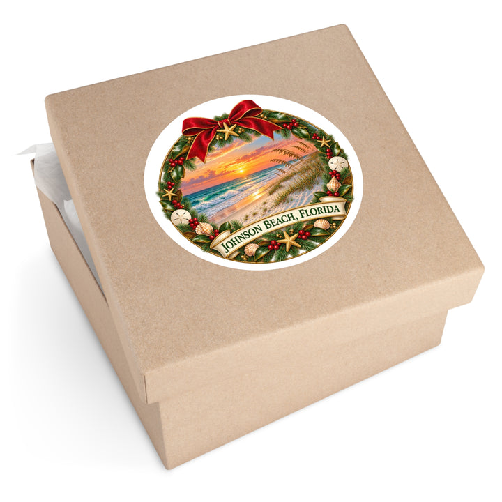 Johnson Beach Florida Christmas Sticker – Holiday Wreath Sunset